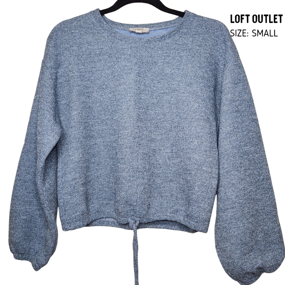 LOFT Outlet Cropped Blue Sweatshirt Sz Small Boucle Knit Balloon Sleeve Spring
